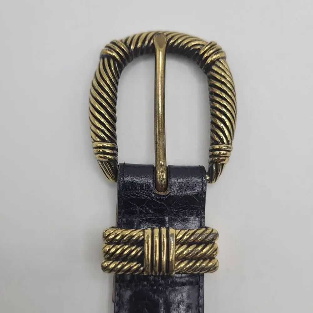 Vintage Brighton Belt Sml Black Leather Textured Rope Buckle Western Cowgirl 90s